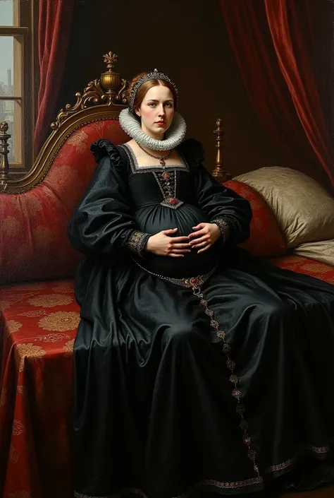 An oil painting of MARY I OF England with swollen belly lying on the bed in full black dress from the movie Elizabeth