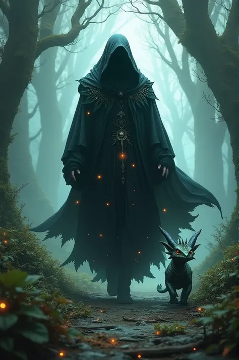 A dark mage walking a baby dragon