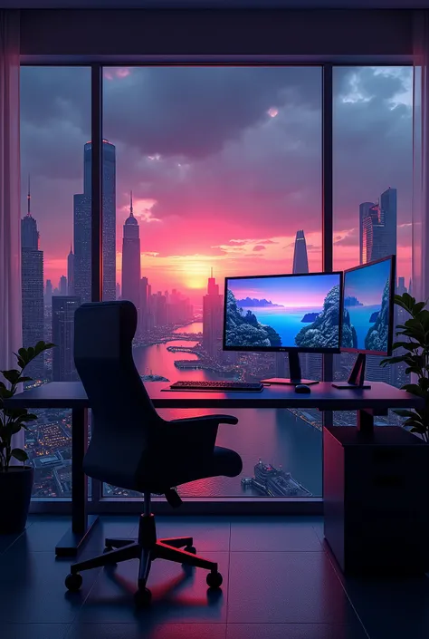 2 monitors、Sunset and sea view、White Screen、Large monitor、Room with a night view、skyscraper、Monitors are placed vertically、Stylish room、Black and blue dim room、Neon color、High resolution, Highest quality, masterpiece, Widescreen, detail, High detail, High-...
