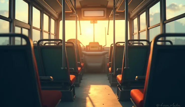 Bus interior. the bus is empty. There is a diary on one seat.. The weather is sunny, It&#39;s morning outside