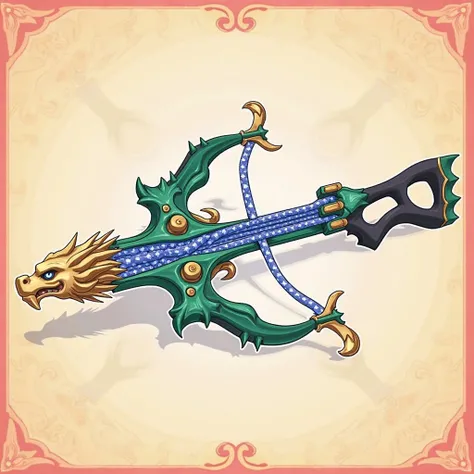 Artwork, highest quallity, アニメ. Estilo アニメ, high resolution, 独奏, 
.detail, details altos, distance weapon, Crossbow,

An imposing hand-held crossbow weapon, forged in enchanted metal and covered in a vibrant emerald green. Its three strings, intertwined in...