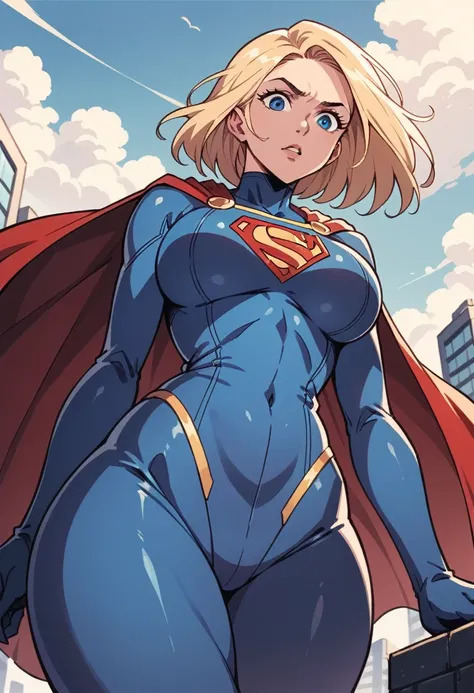 solo, female, (large breasts), (wide hips), female, bodysuit, cape, blonde, blue eyes, modern suit, city, supergirl, ((bottom view))