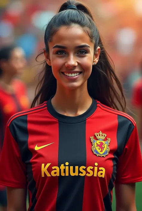 Create a woman with her hair tied at the back wearing a Flamengo team shirt and with the name Katiussia printed on the shirt