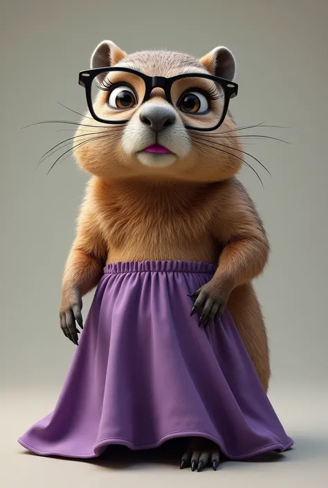 Realistic groundhog in glasses with lipstick and big eyelashes wearing a skirt wearing glasses with a serious expression, long skirt, cloused mouth, big purple skirt this same photo with an angry face Now less fat