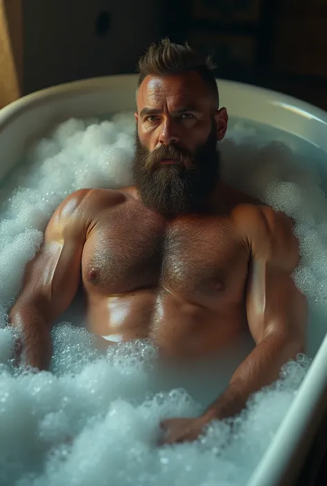 the pose looks like Geralt of Rivias bathtub scene, bubble bath, camera is inclined top view, bathtub has water, handsome, handsome man, tough man, 40 year old man, ex-soldier, ex-special forces soldier, faded hair, faded hairstyle, very short hair, beard,...