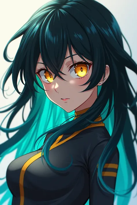 A character from Boku no Hero Academia with long black hair with turquoise highlights and golden eyes 