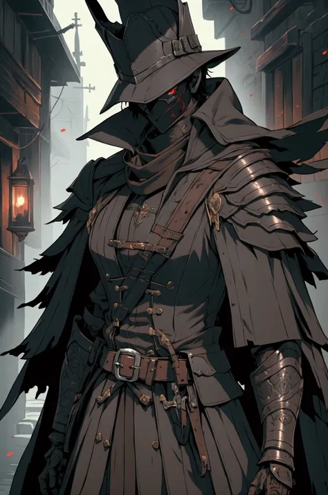 1man, young man, red eyes, seriuos eyes, mouth covered, nouse covered, gloves, belt, black coat, torn clothes, leather gauntlets, arms at sides, vambraces, tricorn, hunter, hold a knife, Ultra-detailed body, (detailed body:1.3), Ultra-detailed face, (detai...