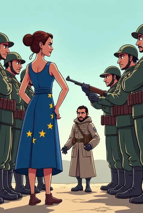 "Create a cartoon image of a woman wearing the European Union flag, surrounded by soldiers pointing their weapons at a person from Syria, who is in a situation of refuge and extreme poverty. The woman and the soldiers should be on the left of the image., w...