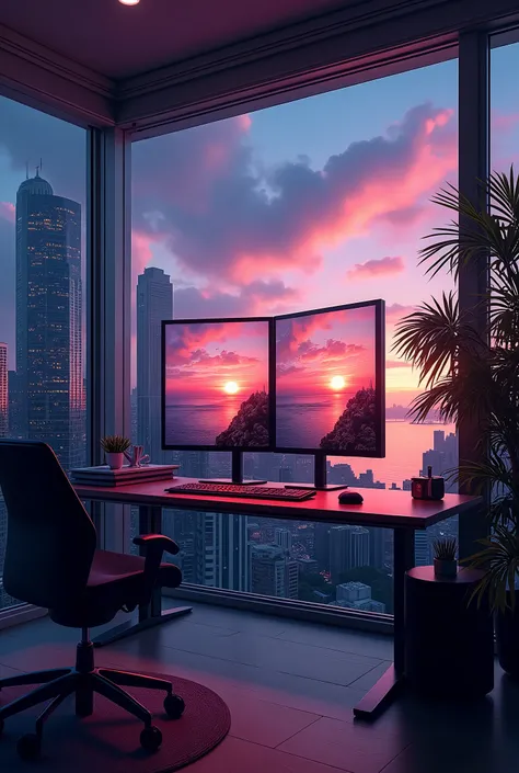 2 monitors、Sunset and sea view、White Screen、Large monitor、Room with a night view、skyscraper、Monitors are placed vertically、Stylish room、Black and blue dim room、Neon color、High resolution, Highest quality, masterpiece, Widescreen, detail, High detail, High-...