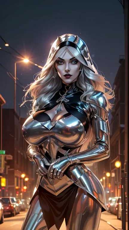 ((Cowboy shot:1.4)) 1 Same Girl , Perfect Beautiful , robot Face ,(chrome skin:1.1), (silver arms, silver face, silver legs) ((android woman)),( metallic android , long Hair , Black Gothic Nun Dress , Athletic Body , ((gigantic breasts:1.2)) ((metallic leg...