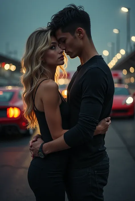 dark romance book cover, with car racing, where the protagonist is a young blonde with blue eyes and the protagonist is a tall young dark-haired man