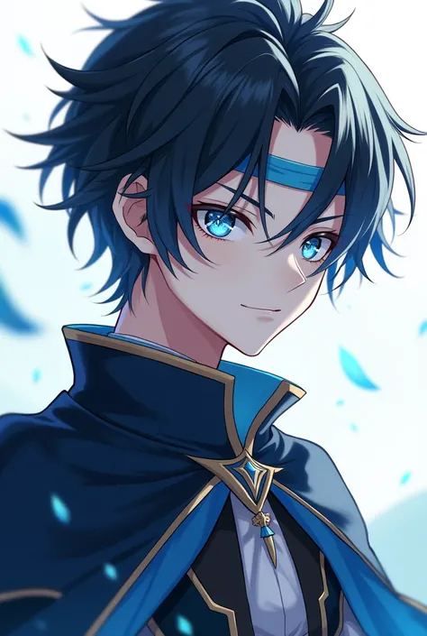 Young man in genshin anime style with Pale skin with black, smooth, silky and messy hair with some white strands, long bangs, short hair and light blue eyes, Uniform that matched the color of his hair like a Yin Yang with light blue lines and bandages that...