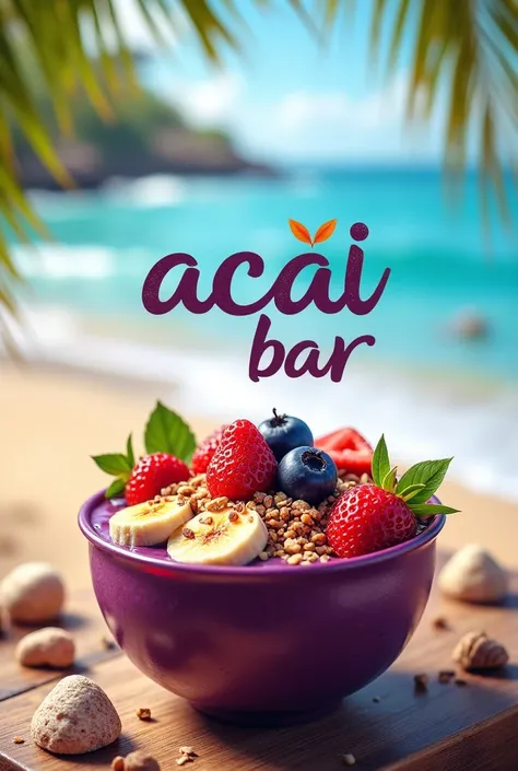 Create an image for an açaí company, related to the sea and written "acai bar"