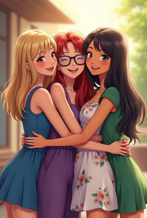 Four teenage friends hugging each other:
first, Medium blonde hair, wearing a blue dress Monday, very long red hair, wearing glasses and purple jumpsuit Third, skin fair, long dark hair, wearing a white floral dress Wednesday, skin fair cabelo médio escuro...