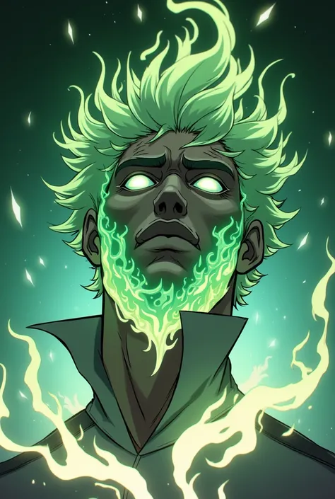 and full body,the power face cam,face on green fire, Ghost Rider,A 20 year old boy, with eyes shimmering in the whitish greenish light without iris, his face is on green fire rising upwards as a demonstration of power, powerful man with green eye power