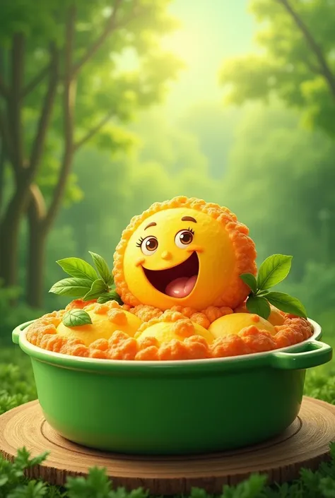 ((best qualityer)), ((work of art)), (detailded), generate me a casserole in green color, e com uma coler e dentro da caçarola deve haver cheese bread ou Brazilian cheese puff, she must be excited, because it will be the logo of a frozen food industry