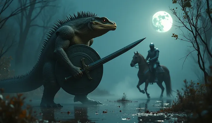 a hyperrealistic lizardman, realistic detailed facial features, detailed scales, intricate muscle definition, holding a ornate sword and shield, battling against a knight riding a majestic horse, in a swampy, foggy night scene, full moon and half moon in t...