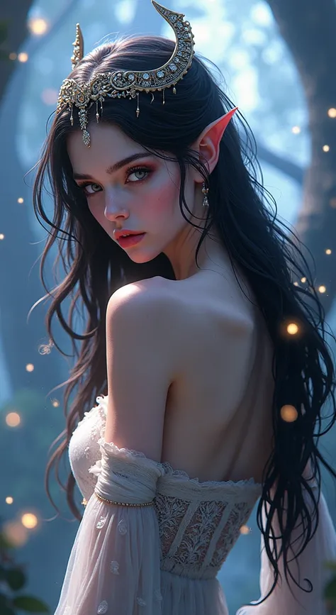 a beautiful woman with dark hair, pale skin,darkelf, detailed facial features, elegant expression, wearing an ornate headpiece, ethereal, flowing white dress, in a mystical forest setting with glowing fireflies, dramatic lighting, vibrant colors, cinematic...