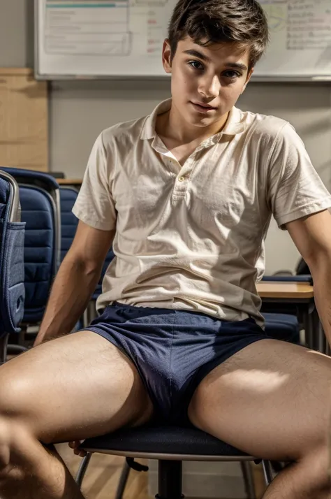 A young student sitting in class with his legs spread