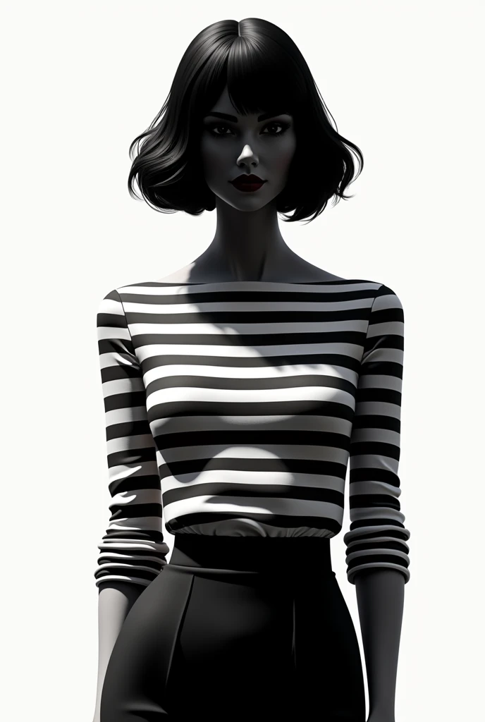 A female silhouette wearing a horizontal striped blouse.