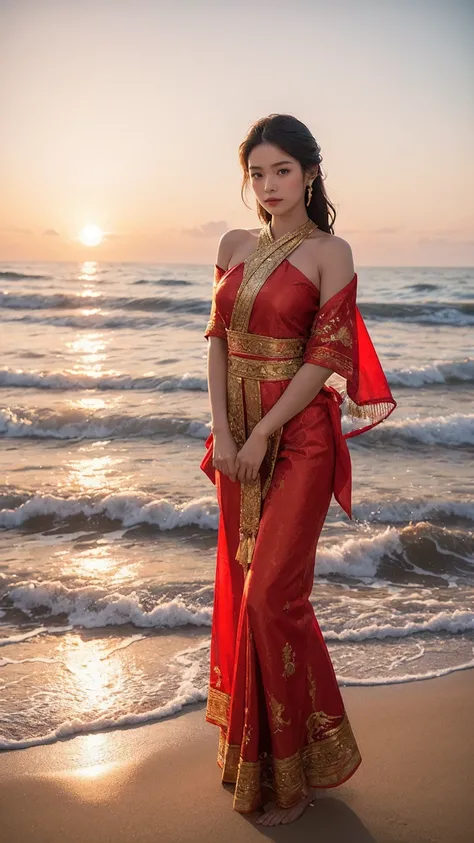 A Thai woman lies on a beach, her arms stretched out above her head. She wears a flowing, elegant red Thai outfit with intricate golden patterns that complement the rich red fabric. The ocean waves gently wash over her, blending with the fabric of her outf...