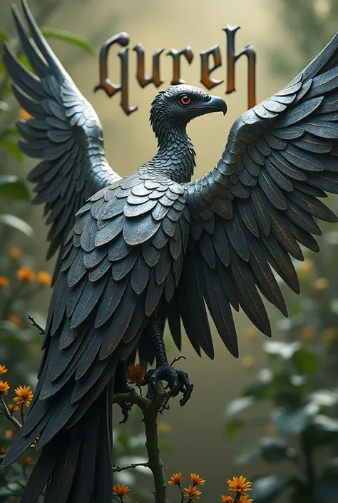 Bird with iron wings on a branch with the word GUEREH written in the background