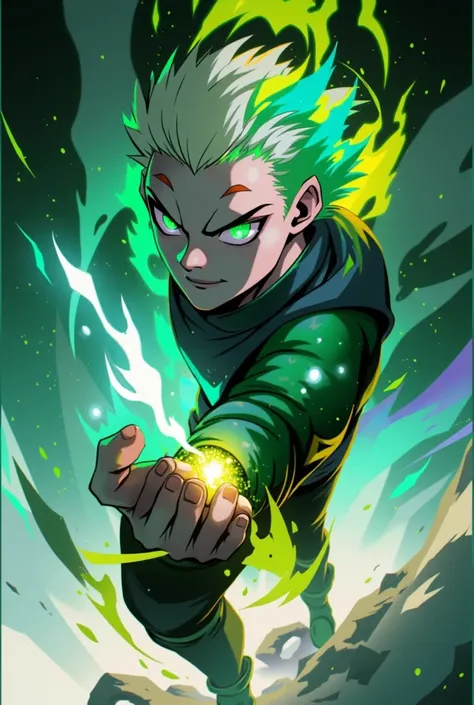 and full body,the power face cam,face on green fire, Ghost Rider,A 20 year old boy, with eyes shimmering in the whitish greenish light without iris, his face is on green fire rising upwards as a demonstration of power, powerful man with green eye power