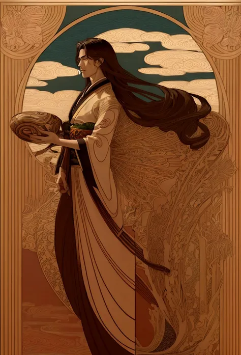 art nouveau style, handsome guy 15-20 years old, long hair, hair fluttering and intertwined with clouds, kimono, kimono flutteri...