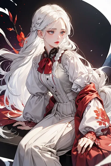 1 girl, solo, long hair, two braids, White hair, bright red bitten lips, Tear-stained eyes,Tired, grey eyes, flower in hair, in a blouse and a long skirt, looks at the sea