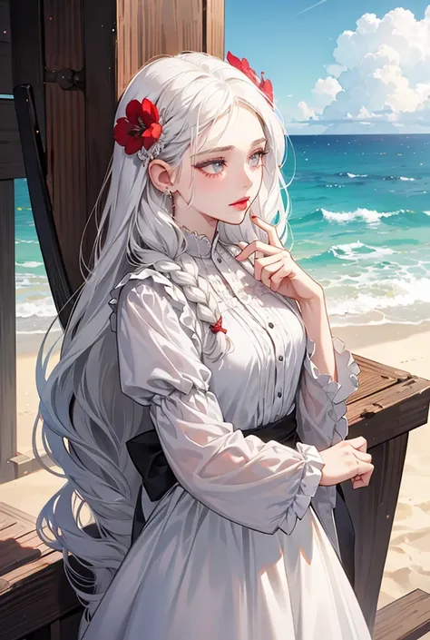 1 girl, solo, long hair, two braids, White hair, bright red bitten lips, Tear-stained eyes,Tired, grey eyes, flower in hair, in a blouse and a long skirt, looks at the sea