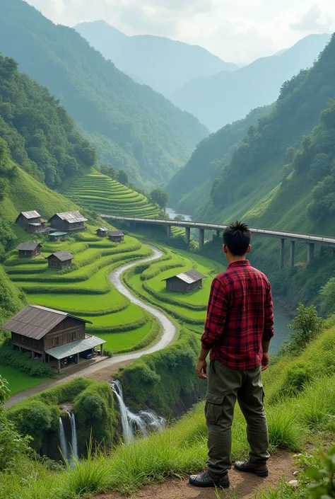 The village is located on a green hill, there are some simple houses and there is a path leading to the highway, near the hill there is a waterfall flowing into the river, on the highway there is a bridge near the river, there is a handsome Indonesian man,...