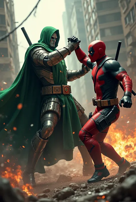 Create an image of deadpool fighting doc doom