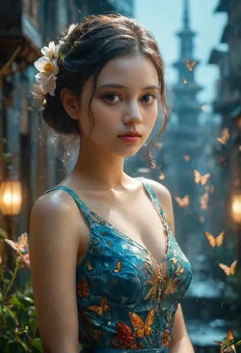 masterpiece, (best quality), ((Best Details)), Depth of Field, a beautiful girl, Beautiful face, nature, , flowering, Colorful scenery, Flowers, Butterfly, Glowing dress, element, futuristic city、Tokyo Yajo、Empty mechanical car、night、Many fight surrounded ...