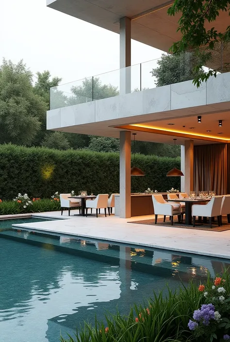 create a modern gourmet area with a swimming pool and a beautiful garden