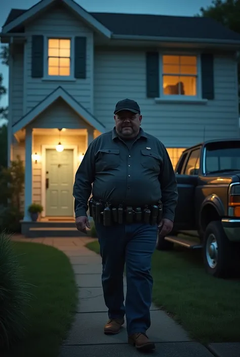 Athletic slightly obese man wearing a black cap and cowboy boots in the middle of the night walking out of a white residential house with the windows lit up with a belt type bomb strapped to his abdomen screaming angrily and outside the house a single cab ...