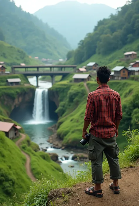 The village is located on a green hill, there are some simple houses and there is a path leading to the highway, near the hill there is a waterfall flowing into the river, on the highway there is a bridge near the river, there is a handsome Indonesian man,...