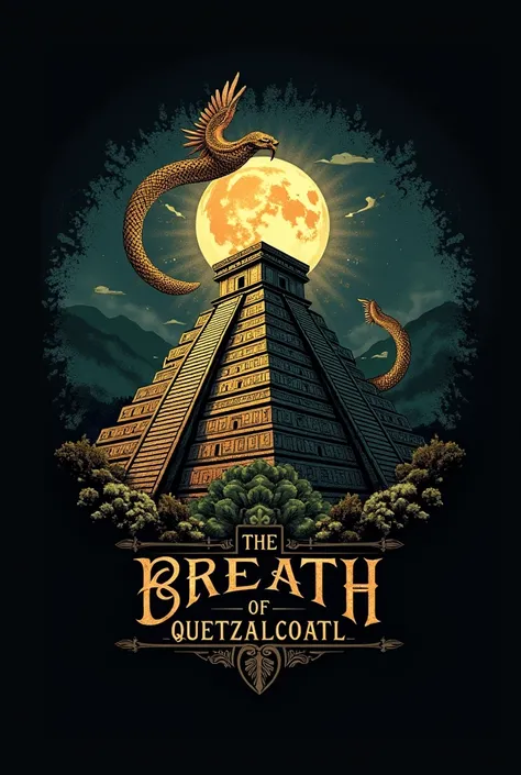 Create a logo for a whiskey called the breath of Quetzalcoatl  , with a pre-Hispanic pyramid 