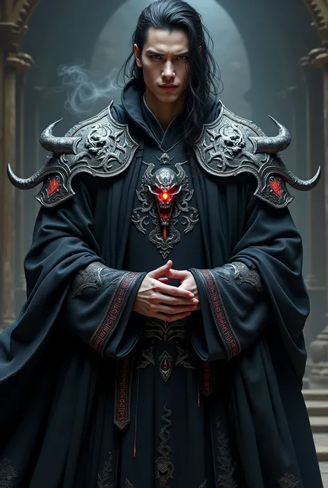 A male necromancer standing facing forward, dressed in ancient Chinese-style clothing with a dark, mystical theme. His robe is long and flowing, primarily deep black with silver-grey accents that gleam like polished metal. The fabric appears ancient and po...