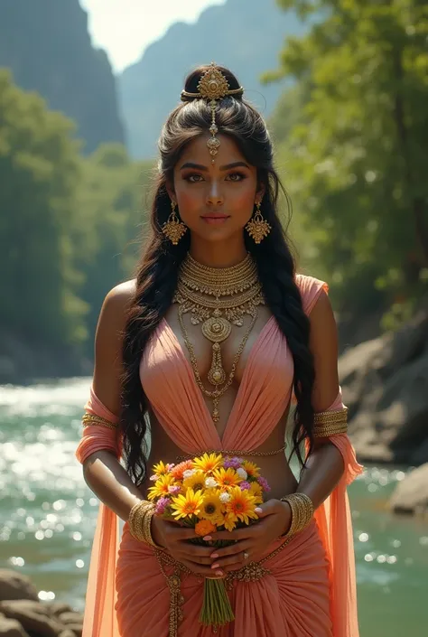 Beautiful Hindu goddess Esha Gupta, as an Apsara, standing in a forest, beside a river, flowers in hand, dark brown braided hair, 2 braids, extremely beautiful divine goddess, heavy gold ornaments, slight smile, half body, extremely big milky bust, large b...