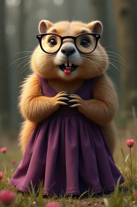 Realistic groundhog with glasses, red lipstick and a long purple skirt