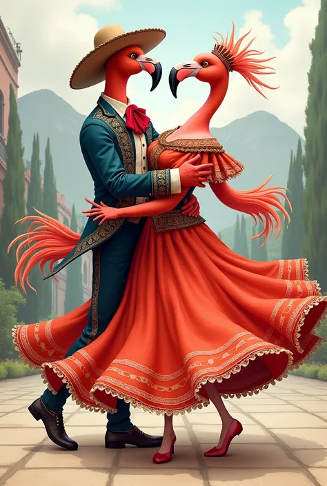 Create drawings of a pair of flamingos dressed as a Chilean cueca couple
