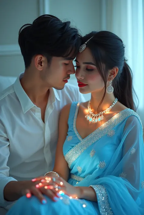 A beautiful white skin tone young lady, red lips, long eyelashes,long glitter nails and rings,glitter eyeliner,ponytail ,glowing body,wear sky Saree,bindi,with earring,she sitting with a handsome young man,in white room 