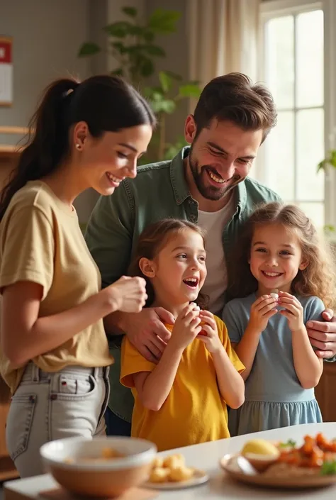 Happy family taking multivitamin pills