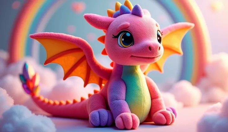 A fluffy and colorful rainbow dragon plush, designed to be both magical and adorable. The dragons body is covered in soft plush in a variety of vibrant colors ranging from red, orange, yellow, green, blue, to violet, creating a rainbow effect. It has large...