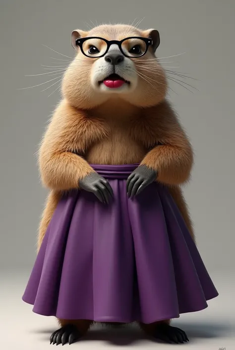 Realistic groundhog with glasses, red lipstick and a long purple skirt, angry face with closed mouth,more realistic 