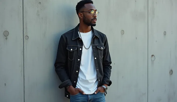 1 tall, thin dark-skinned man standing to the side with his hands in his pockets. Black hair, black eyes, short beard and mustache. Wearing an open black denim jacket, white shirt and blue jeans, black-framed prescription glasses and a silver chain. Agains...