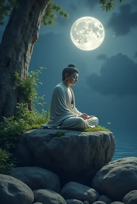 Buddha sitting on the rock and giving advice under the full moon