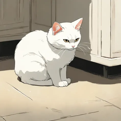 A punished white cat stands sadly in the corner