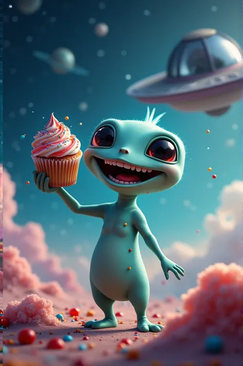 A happy alien holding a cupcake in his hand with outer space and a spaceship