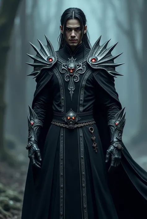 A male necromancer standing facing forward, combining ancient Chinese elements with a sleek and sinister design inspired by the Lich Kings style. His attire is a long, form-fitting robe made of deep black fabric with subtle silver-grey accents that shimmer...